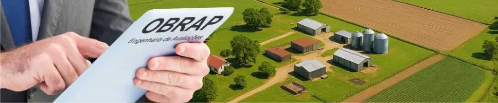 Pessoa segurando tablet da Obrap Engenharia de Avaliações com imagem de fazenda ao fundo, representando os serviços de avaliações de imóveis rurais da Obrap