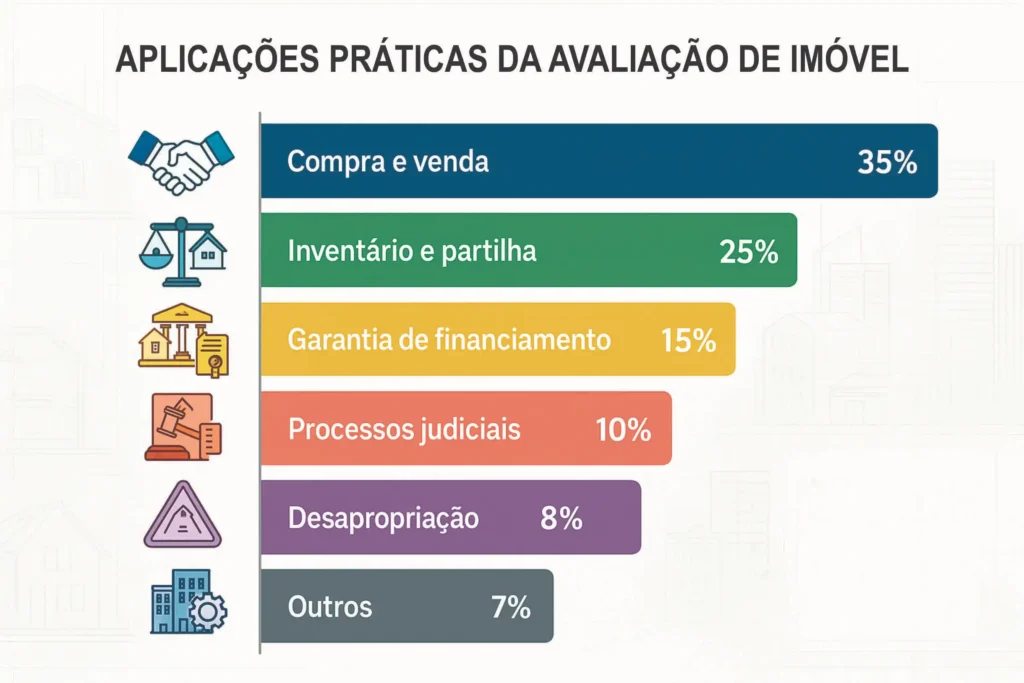 Gráfico colorido mostra as principais aplicações práticas da avaliação de imóvel, com destaque para compra e venda, inventário, financiamento e processos judiciais