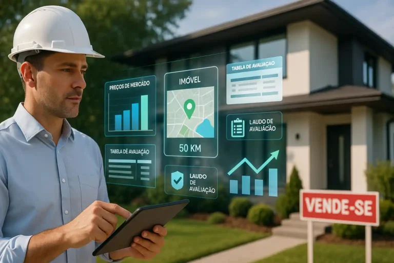 Engenheiro realizando avaliação justa de imóveis para venda com gráficos, mapas e laudos técnicos em projeção digital