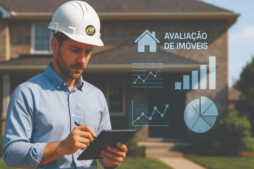 Perito avaliador de imóveis judicial realizando análise técnica de propriedade residencial