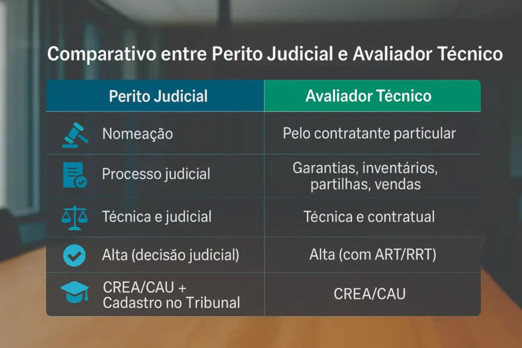 Tabela comparativa sobre perito avaliador de imóveis nomeação e avaliador técnico