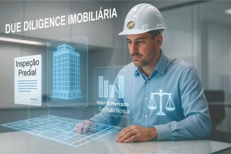 Engenheiro civil da OBRAP realiza análise técnica de imóvel em processo de Due Diligence Imobiliária com projeções em realidade aumentada mostrando Inspeção Predial, Valor de Mercado e Condição Técnica